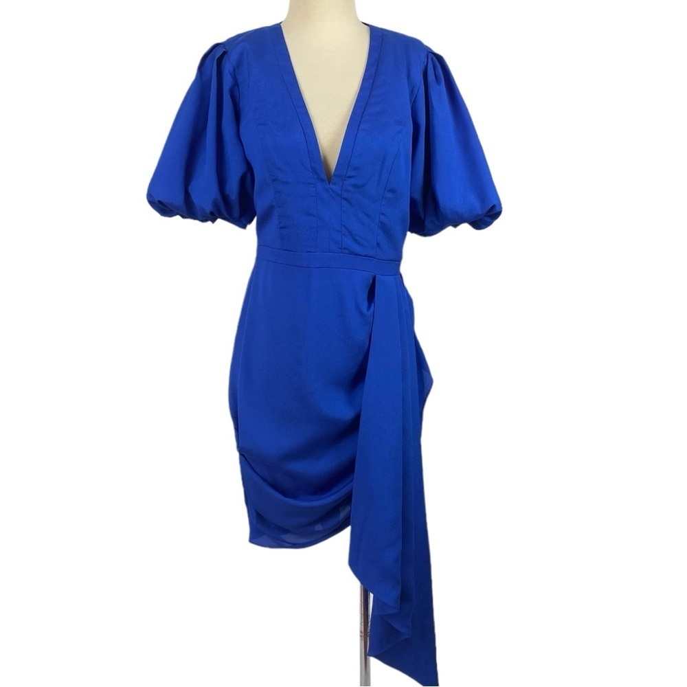 One33 Social Puff Sleeve Asymmetrical Side Drape Cocktail Dress - Picture 2 of 16